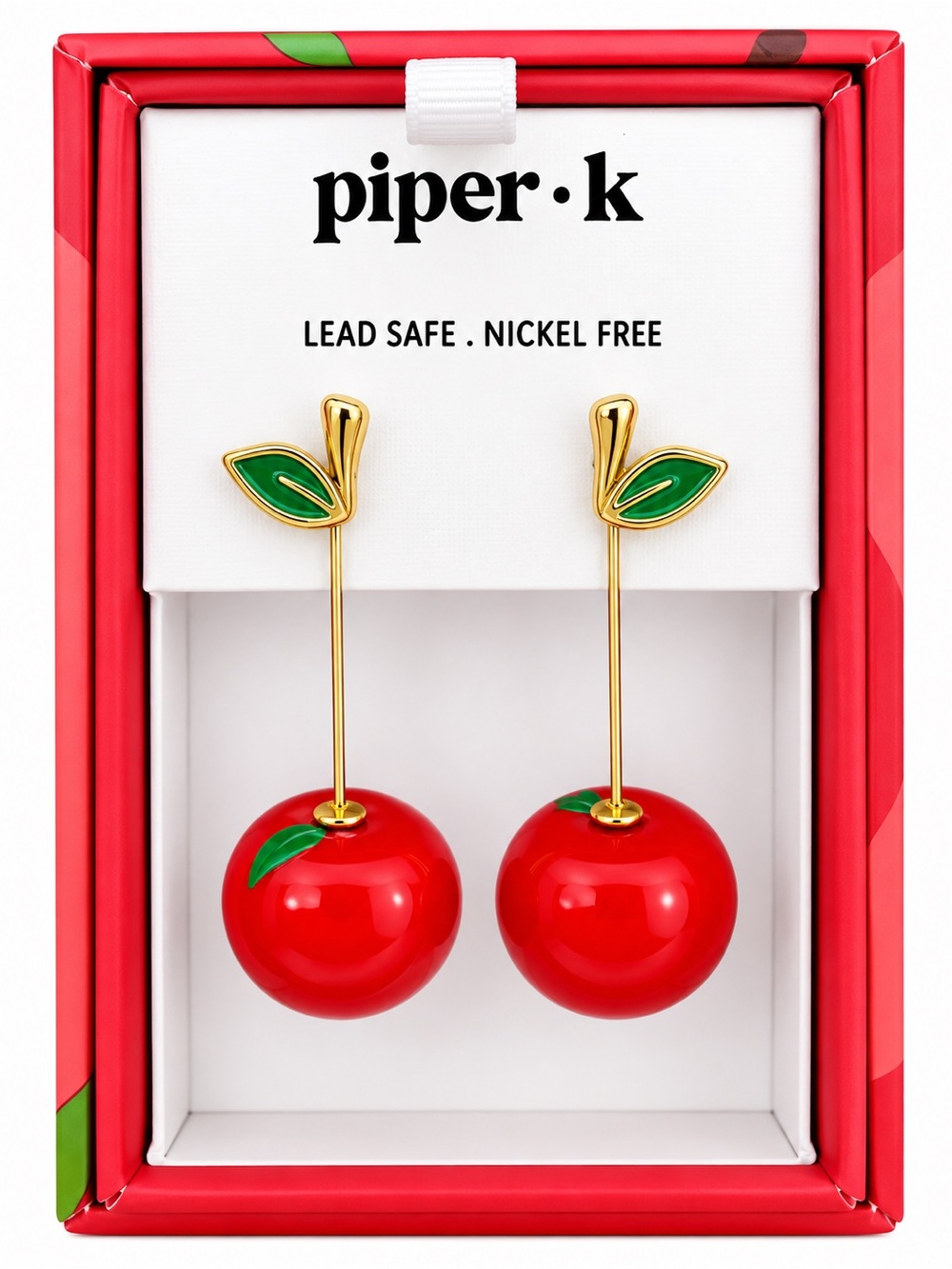 Piper K Gold-Trim Red Apple Drop Earrings with Green Leaf Accents NIB